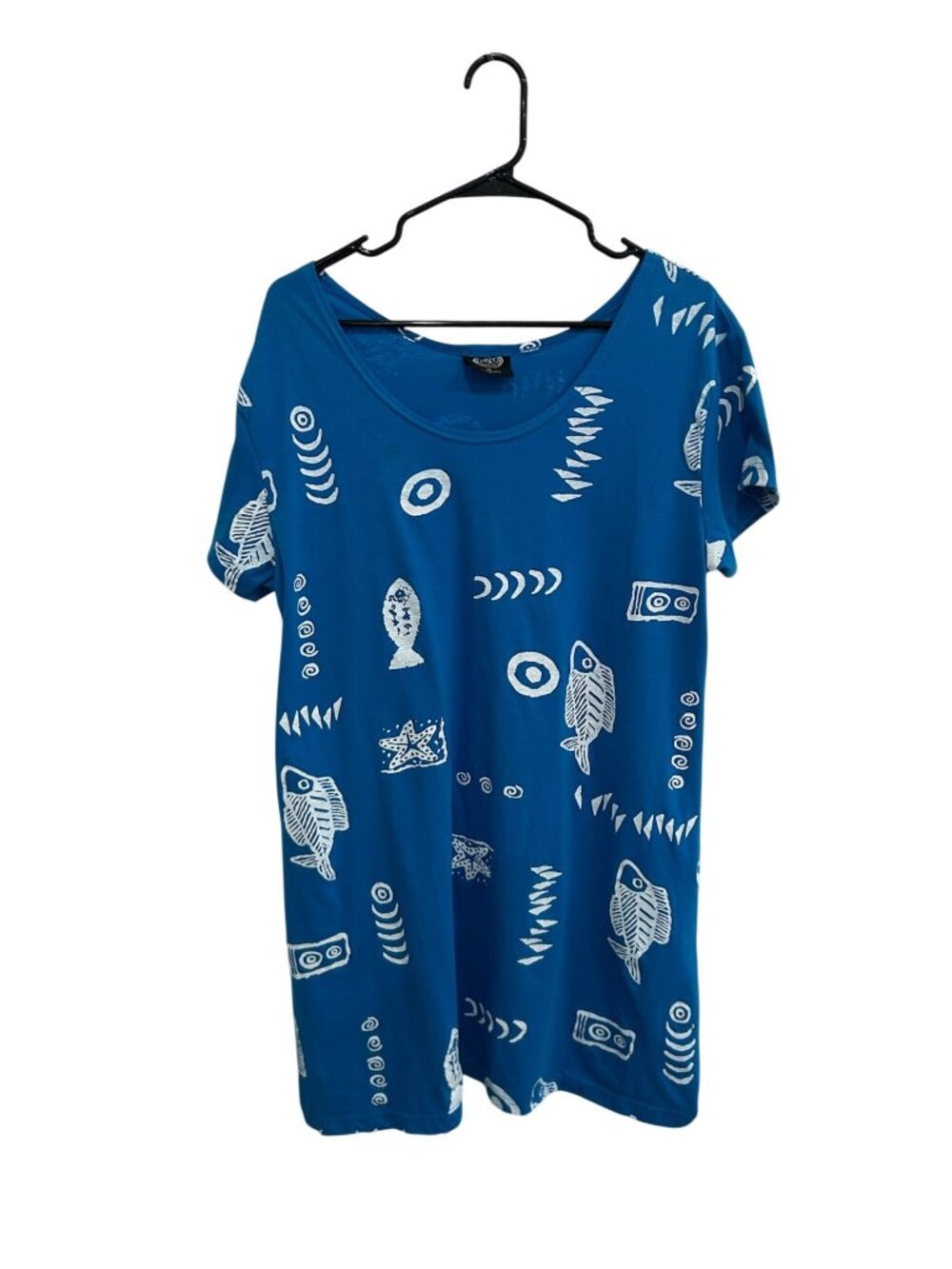Exist Sports Line XL Blue White Fish Print T-Shirt Cotton Blend Retro Whimsical